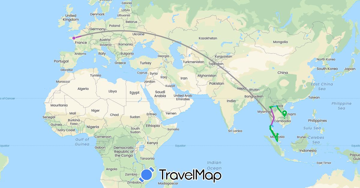TravelMap itinerary: driving, bus, plane, train, boat, motorbike in France, Laos, Malaysia, Thailand (Asia, Europe)
